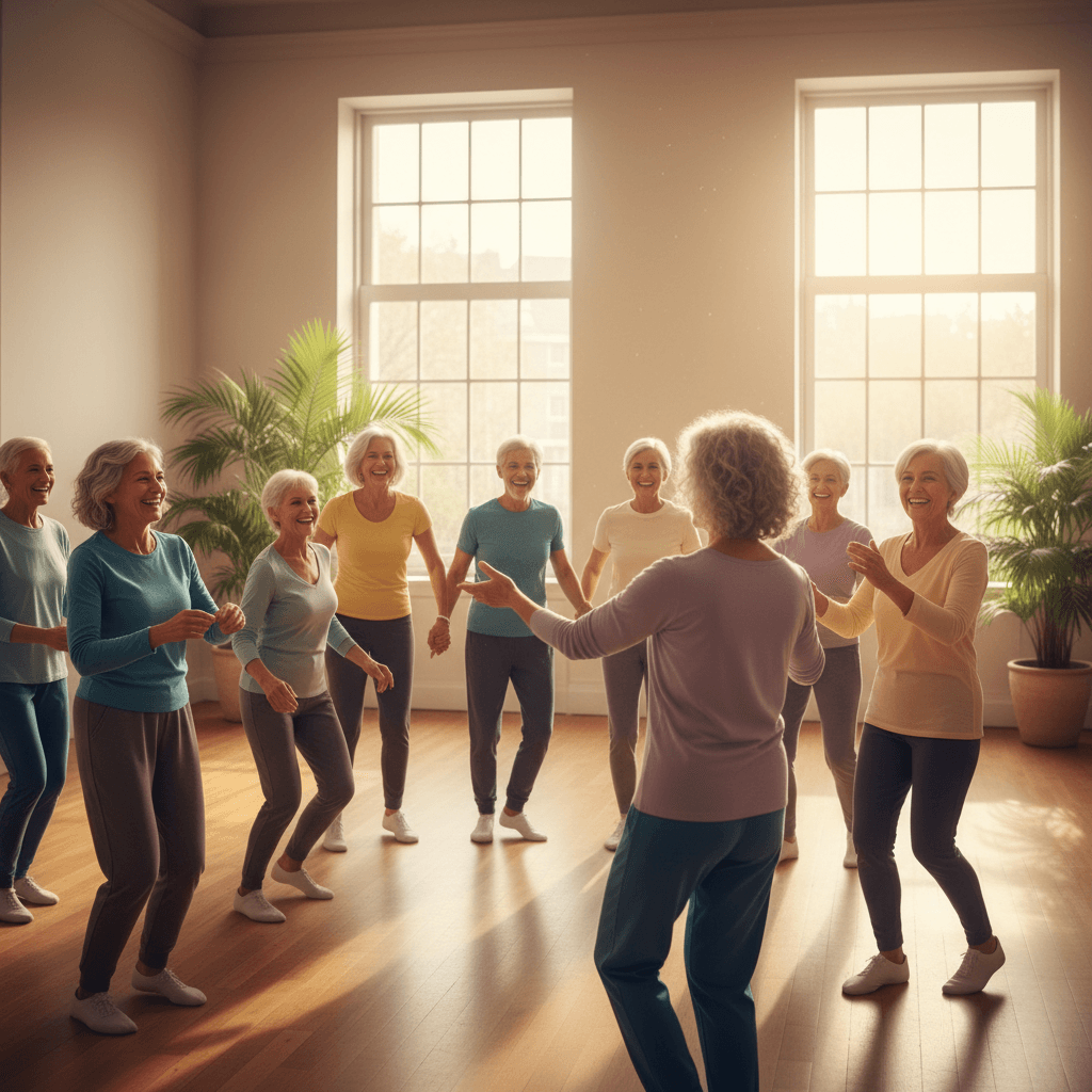 Ältere Menschen tanzen und bewegen sich zusammen in einer fröhlichen Gruppe