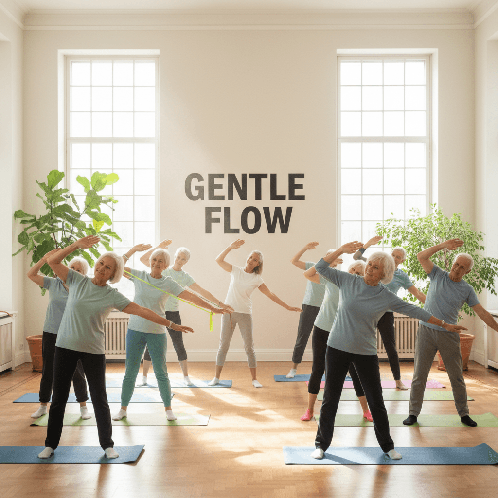 Gruppe älter Menschen führen gemeinsam Bewegungsübungen durch