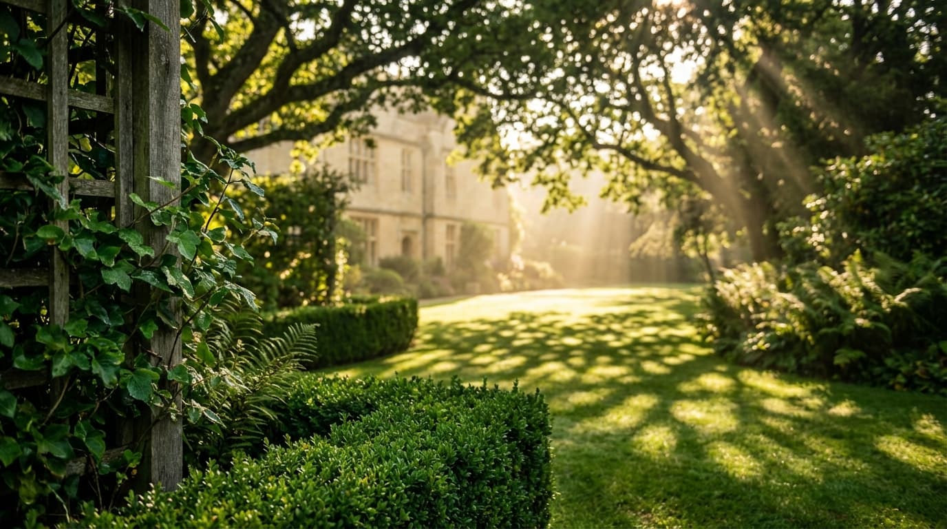 Lush manicured garden with dappled sunlight filtering through leaves and ivy on wooden trellis.