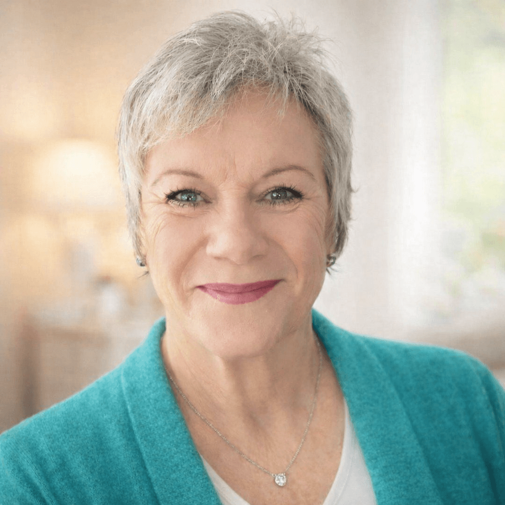 Lächelnde Frau mit kurzen grauen Haaren trägt eine türkisfarbene Strickjacke und eine silberne Halskette.