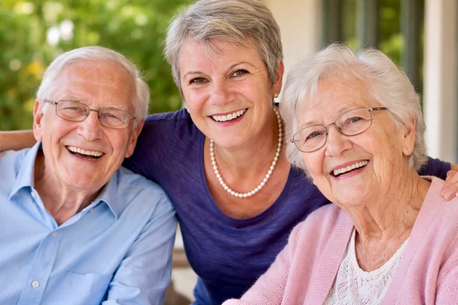 Drei glückliche Senioren lächeln herzlich in die Kamera und posieren eng beieinander im Freien.