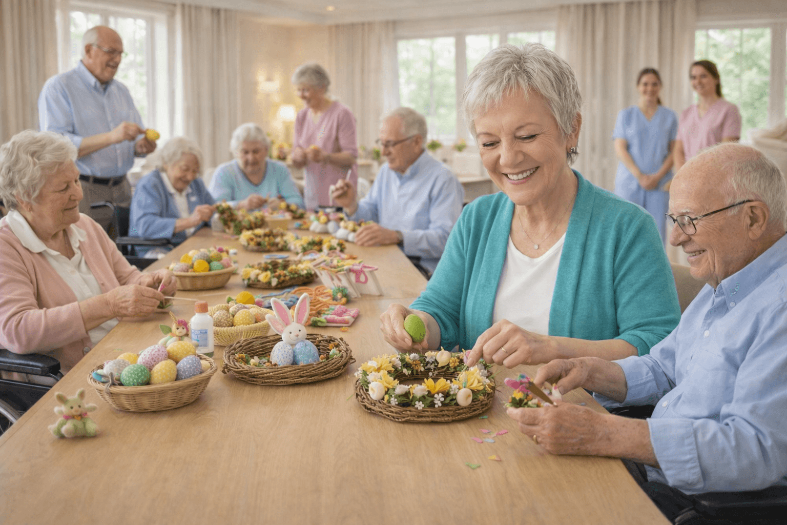Fröhliche Senioren basteln gemeinsam bunte Osterkränze und dekorieren Eier an einem langen, hellen Holztisch.