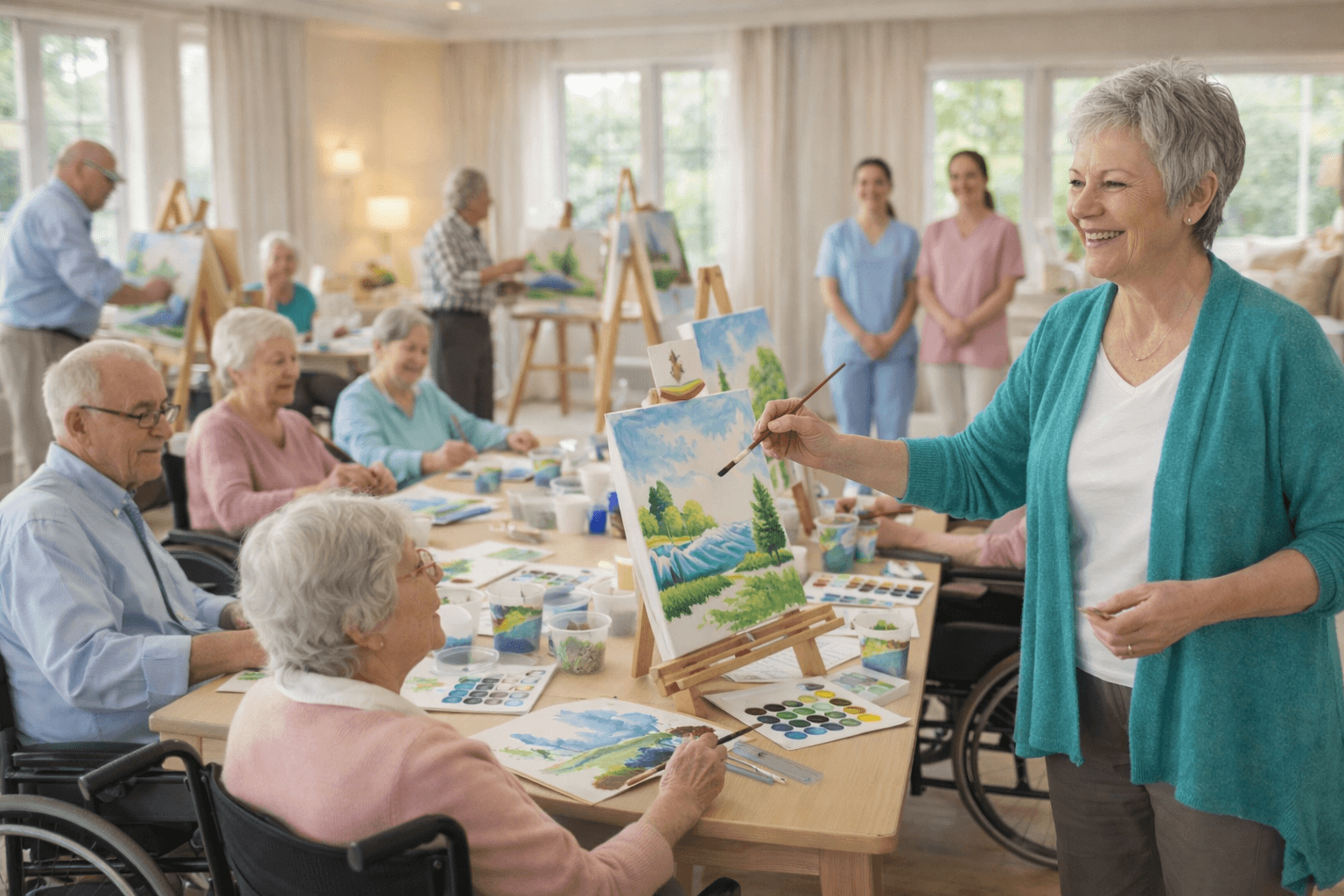 Eine lächelnde Seniorin malt ein Landschaftsbild in einem hellen Gemeinschaftsraum mit anderen Senioren.