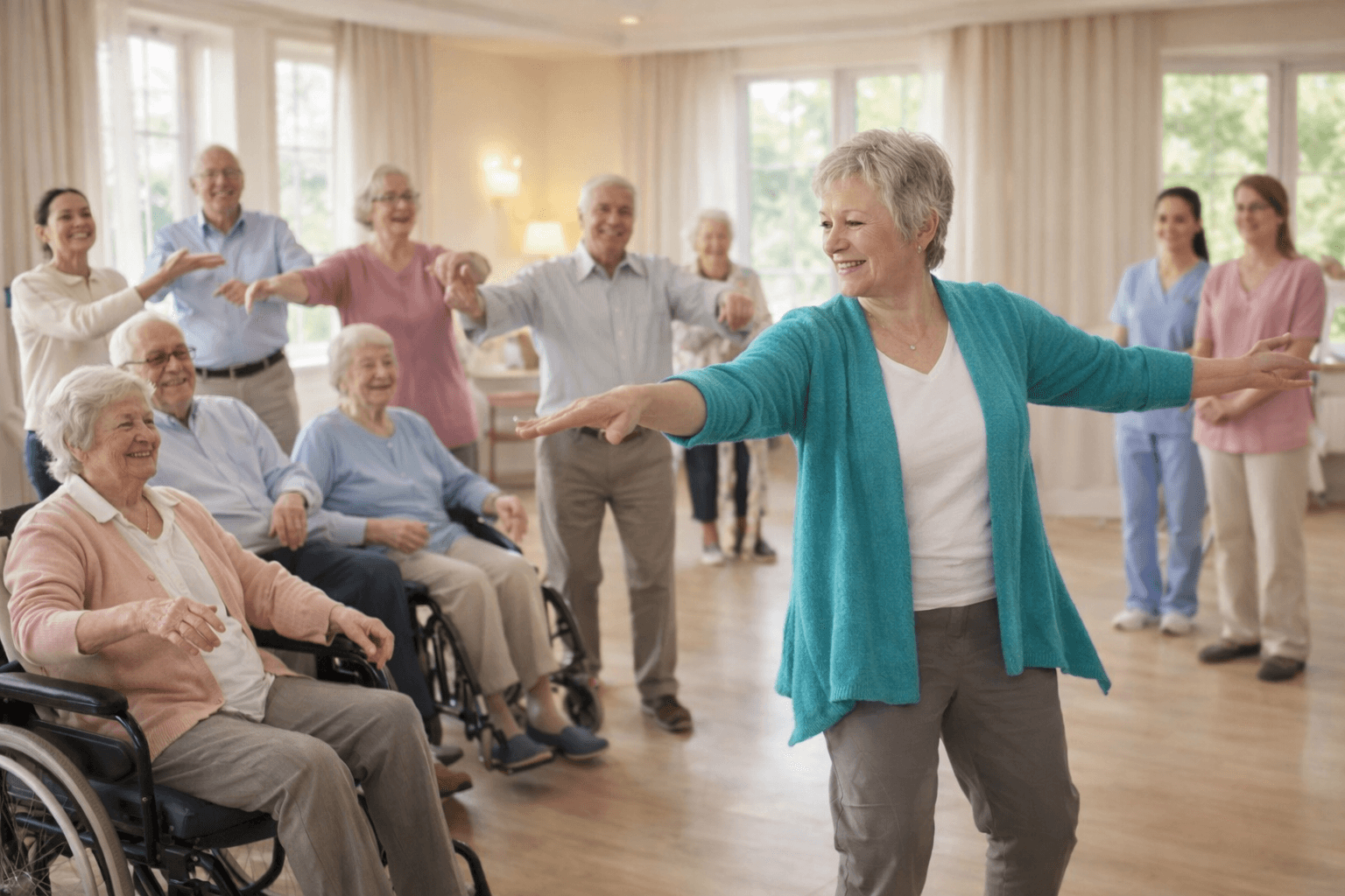 Senioren im Stehen und im Rollstuhl machen Gymnastikübungen, angeleitet von einer Frau in Türkis.