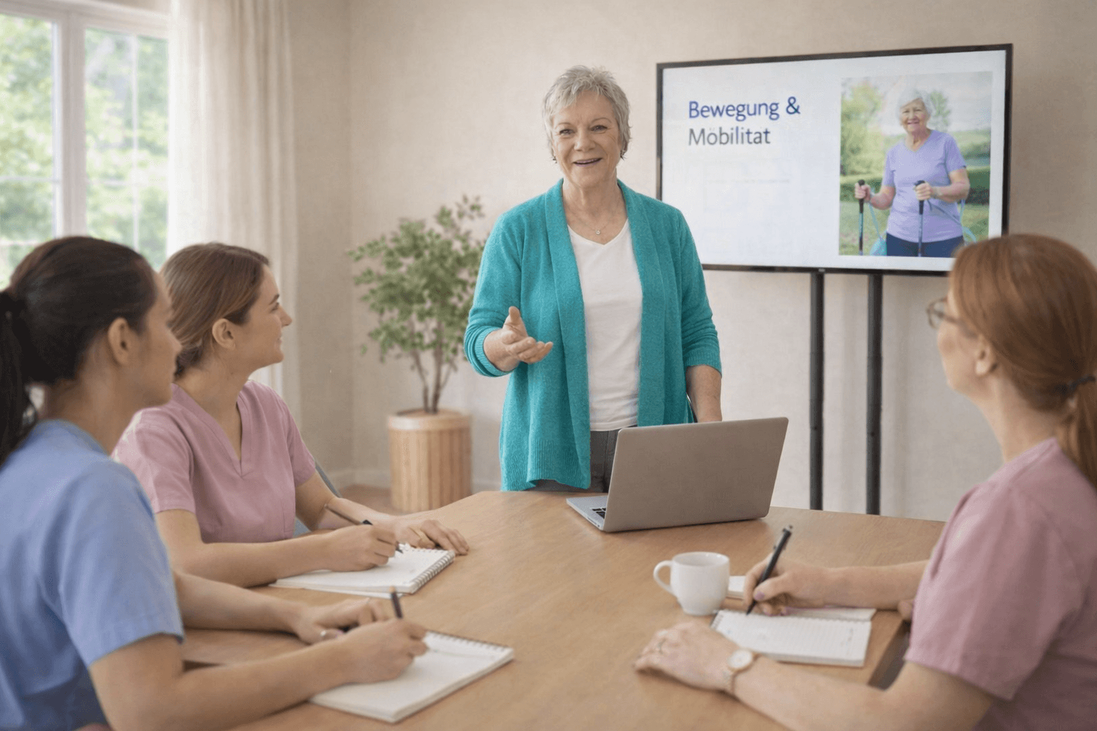 Ältere Frau präsentiert das Thema Bewegung und Mobilität vor drei Pflegekräften, die Notizen machen.