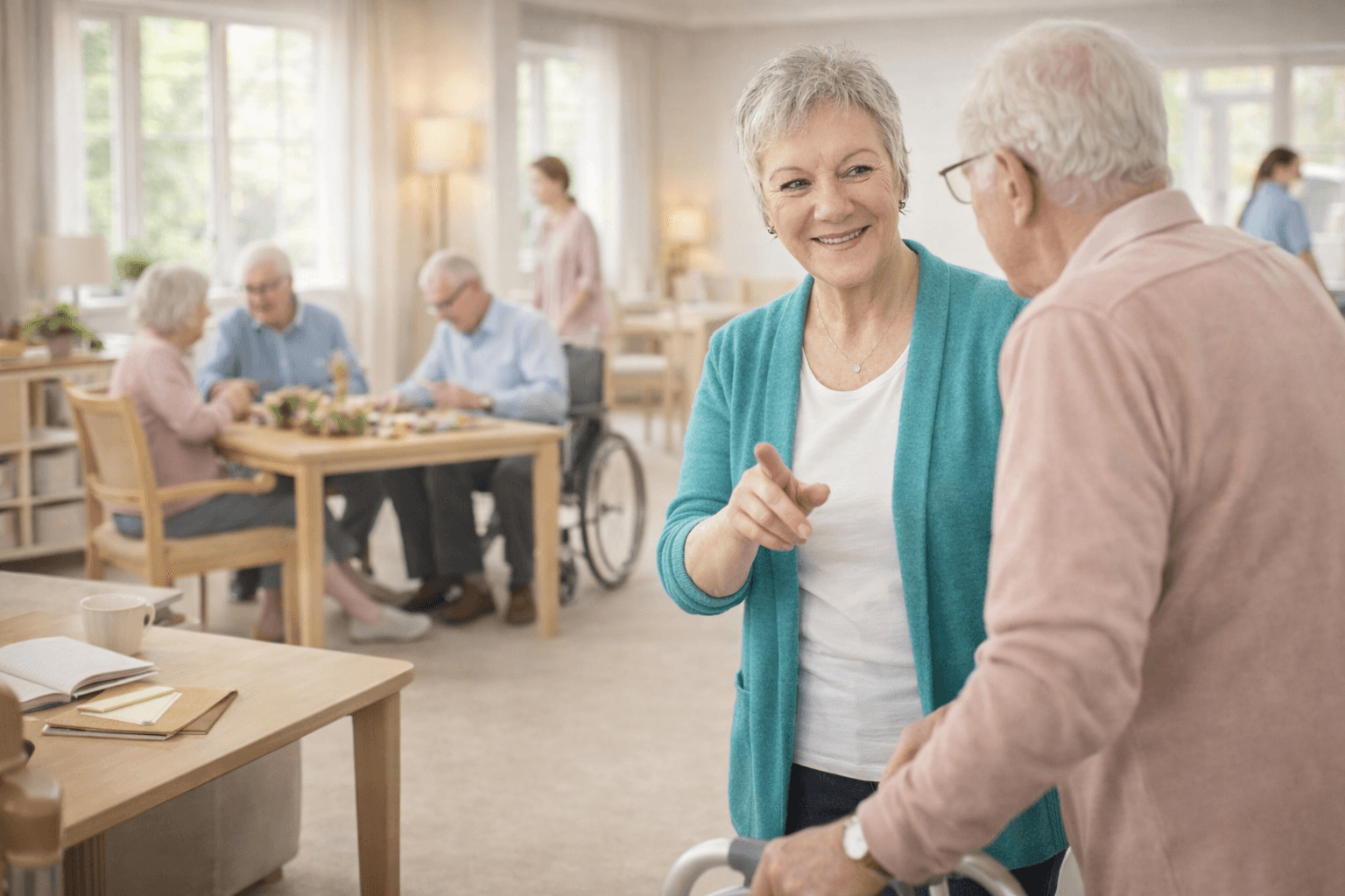 Lächelnde Seniorin in Türkis spricht mit einem Mann mit Gehhilfe in einem hellen Gemeinschaftsraum.