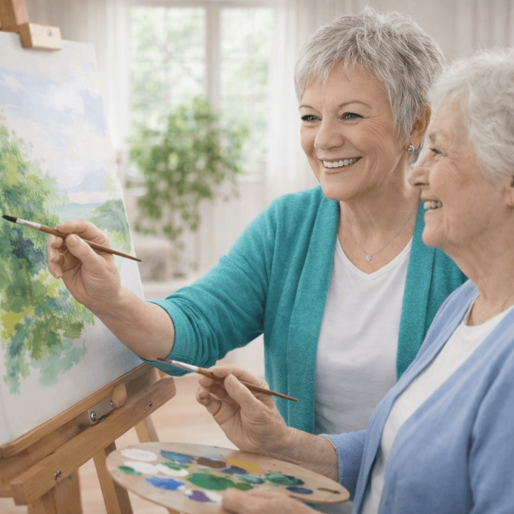Zwei lächelnde Seniorinnen malen gemeinsam ein Landschaftsbild an einer Staffelei mit Pinseln und Palette.