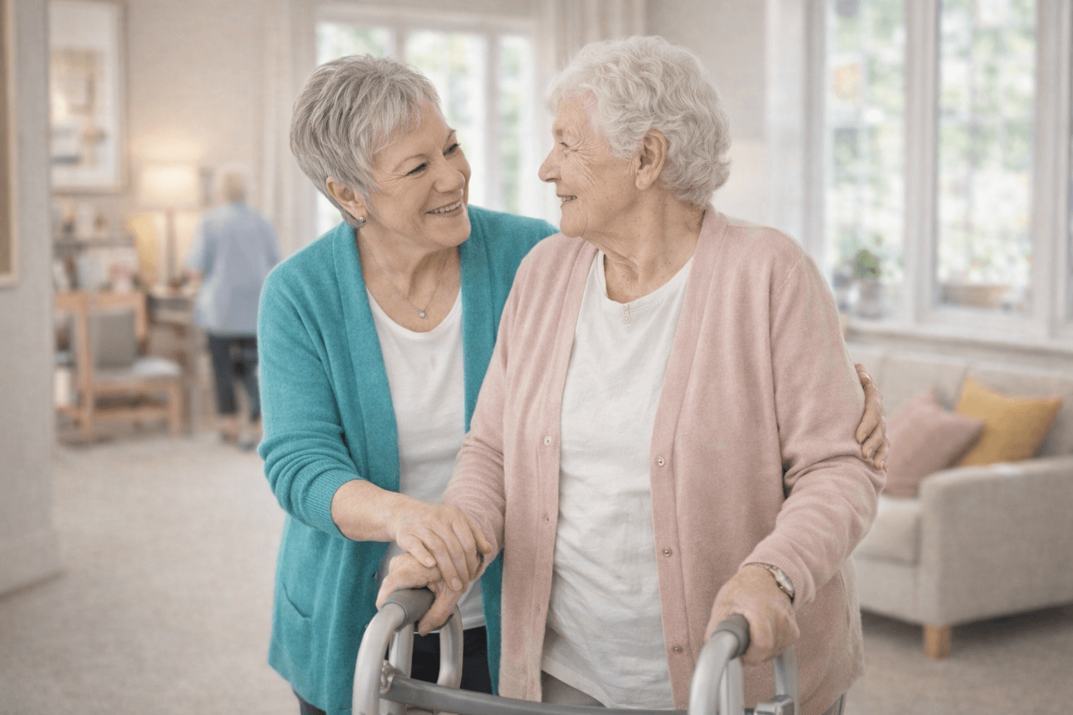 Zwei Seniorinnen lächeln sich an, während eine die andere beim Gehen mit Gehhilfe unterstützt.